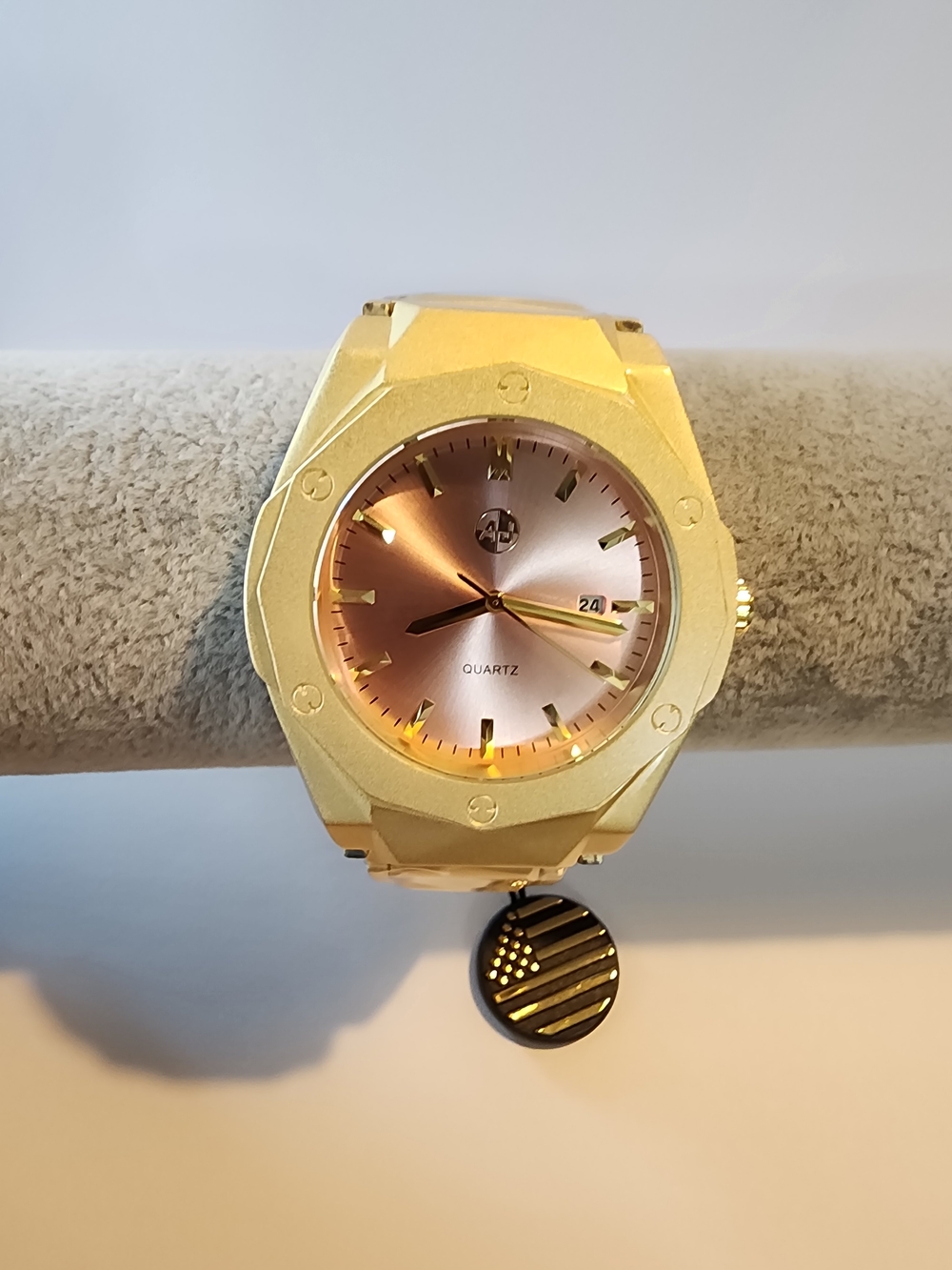 Gold Tone AJ Quartz Watch w/Date Stainless Steel Back NWT